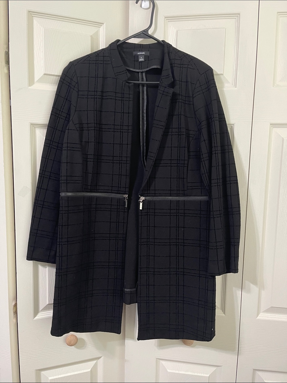 Alfani Black Plaid Jacquard Open Front Long Jacket Zipper Detail Size 12